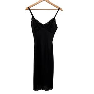 Vintage 80s Nylon Black Lace Trim Full Slip Dress 34 USA Witchy Fairy Romantic